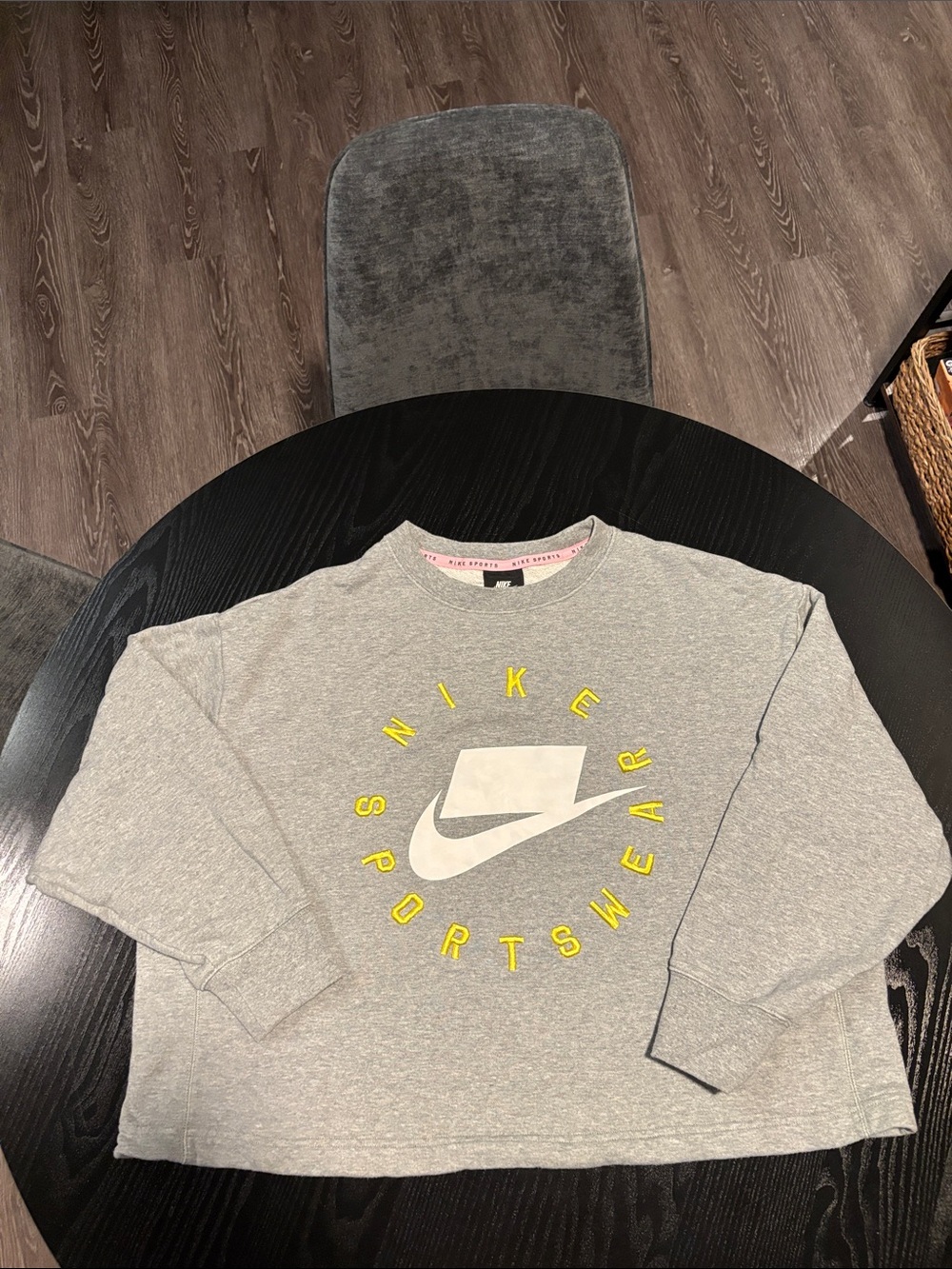 Nike Gray Crewneck Sweatshirt with White Swoosh and Yellow Text US Large Women’s